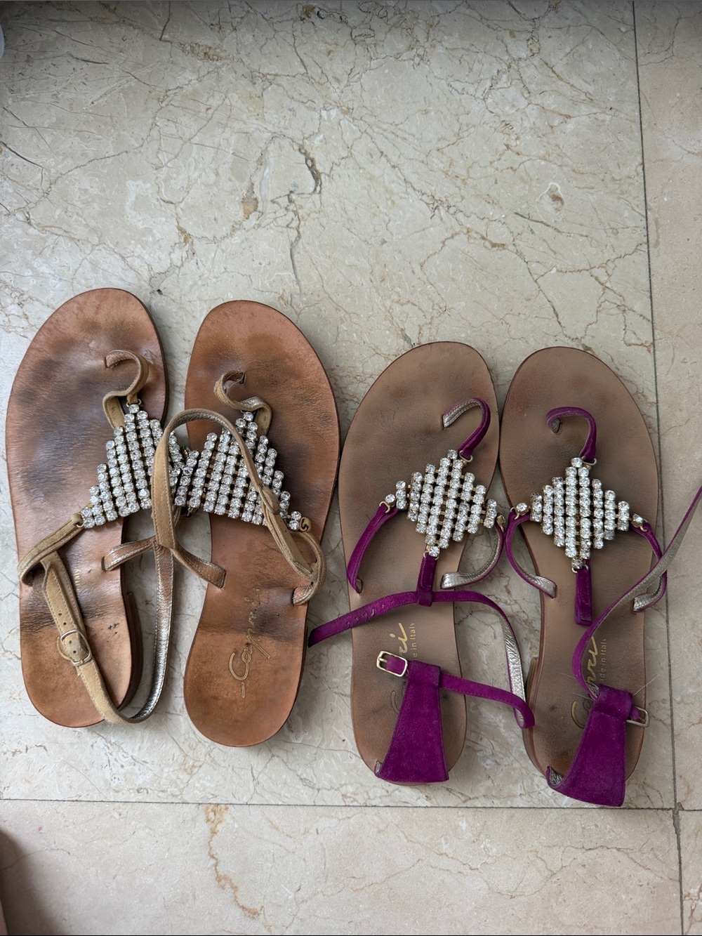 Two Pairs of Women's Jeweled T-Strap Sandals in Tan and Purple